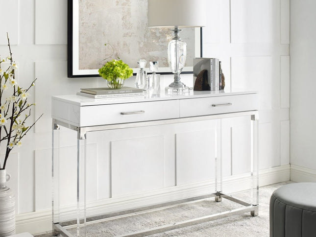 48" White and Silver Wood and Stainless Steel Console Table And With Two Drawers