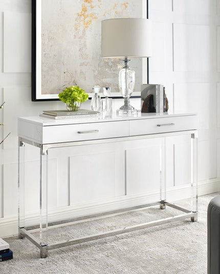 48" White and Silver Wood and Stainless Steel Console Table And With Two Drawers