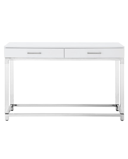 48" White and Silver Wood and Stainless Steel Console Table And With Two Drawers