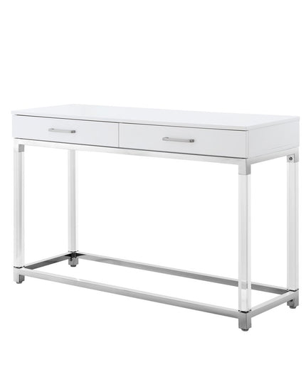 48" White and Silver Wood and Stainless Steel Console Table And With Two Drawers