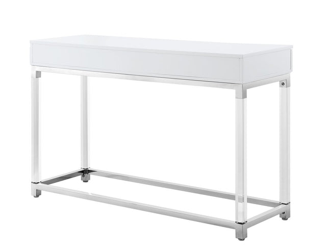 48" White and Silver Wood and Stainless Steel Console Table And With Two Drawers