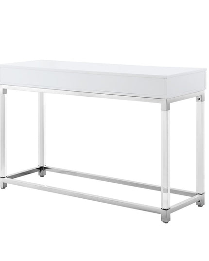 48" White and Silver Wood and Stainless Steel Console Table And With Two Drawers
