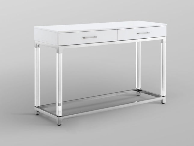 48" White and Silver Wood and Stainless Steel Console Table And With Two Drawers