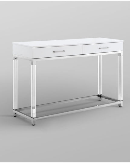 48" White and Silver Wood and Stainless Steel Console Table And With Two Drawers