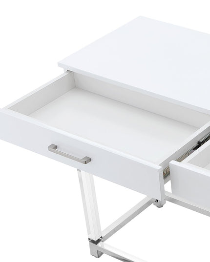 48" White and Silver Wood and Stainless Steel Console Table And With Two Drawers