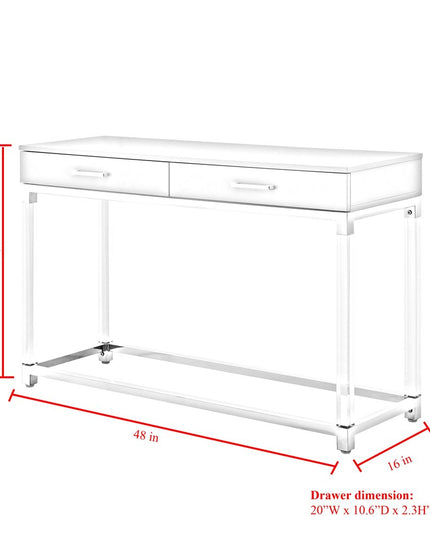 48" White and Silver Wood and Stainless Steel Console Table And With Two Drawers