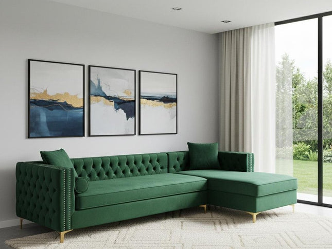 Hunter Green Velvet Rectangular Sofa and Chaise Sectional And Toss Pillows