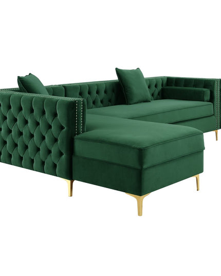 Hunter Green Velvet Rectangular Sofa and Chaise Sectional And Toss Pillows