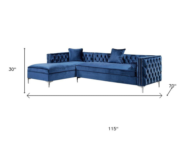 Navy Blue Velvet Rectangular Sofa and Chaise Sectional And Toss Pillows