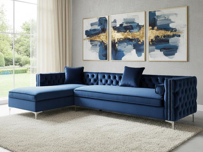 Navy Blue Velvet Rectangular Sofa and Chaise Sectional And Toss Pillows