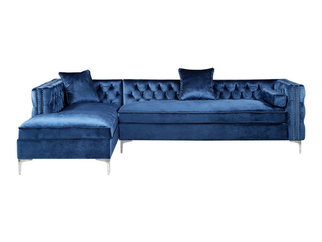 Navy Blue Velvet Rectangular Sofa and Chaise Sectional And Toss Pillows
