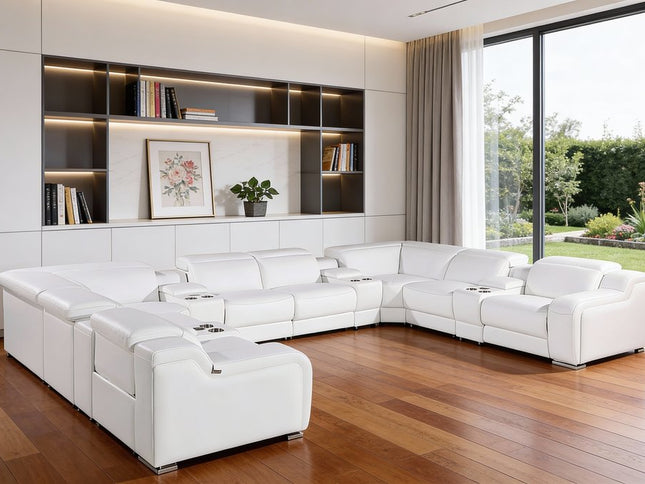 White Italian Leather Power Reclining U Shaped Twelve Piece Corner Sectional With Console