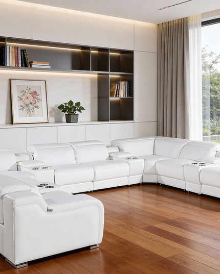 White Italian Leather Power Reclining U Shaped Twelve Piece Corner Sectional With Console