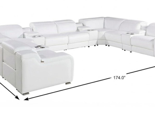 White Italian Leather Power Reclining U Shaped Twelve Piece Corner Sectional With Console