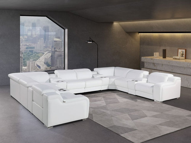 White Italian Leather Power Reclining U Shaped Twelve Piece Corner Sectional With Console