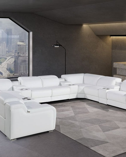 White Italian Leather Power Reclining U Shaped Twelve Piece Corner Sectional With Console