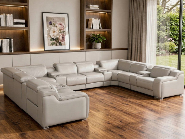 Light Gray Italian Leather Power Reclining U Shaped Twelve Piece Corner Sectional With Console