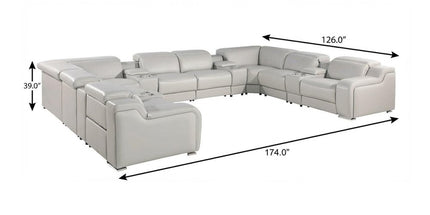 Light Gray Italian Leather Power Reclining U Shaped Twelve Piece Corner Sectional With Console