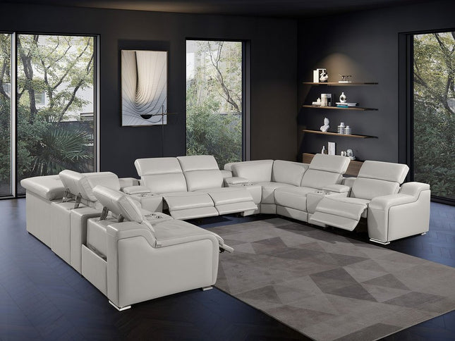 Light Gray Italian Leather Power Reclining U Shaped Twelve Piece Corner Sectional With Console