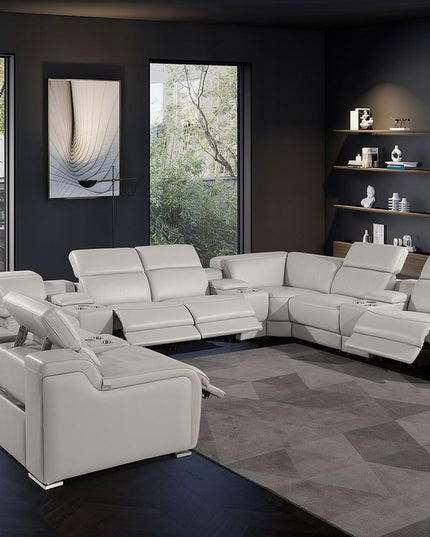 Light Gray Italian Leather Power Reclining U Shaped Twelve Piece Corner Sectional With Console
