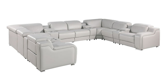 Light Gray Italian Leather Power Reclining U Shaped Twelve Piece Corner Sectional With Console