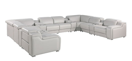 Light Gray Italian Leather Power Reclining U Shaped Twelve Piece Corner Sectional With Console