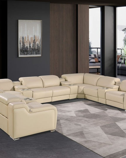Beige Italian Leather Power Reclining U Shaped Twelve Piece Corner Sectional With Console