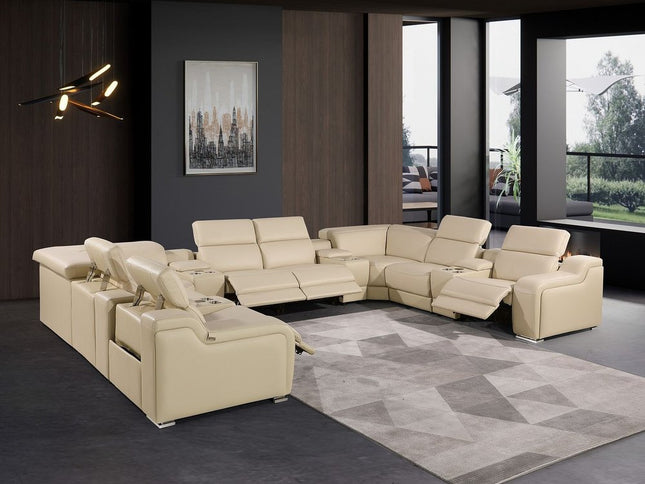 Beige Italian Leather Power Reclining U Shaped Twelve Piece Corner Sectional With Console