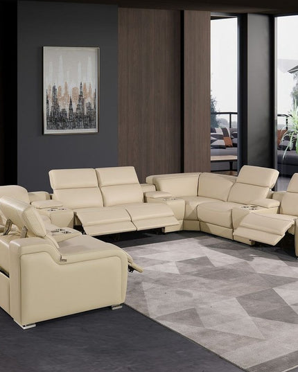 Beige Italian Leather Power Reclining U Shaped Twelve Piece Corner Sectional With Console