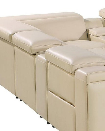 Beige Italian Leather Power Reclining U Shaped Twelve Piece Corner Sectional With Console