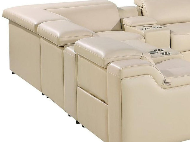 Beige Italian Leather Power Reclining U Shaped Twelve Piece Corner Sectional With Console
