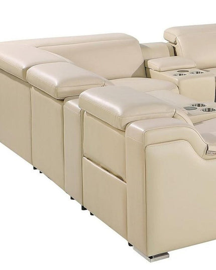 Beige Italian Leather Power Reclining U Shaped Twelve Piece Corner Sectional With Console
