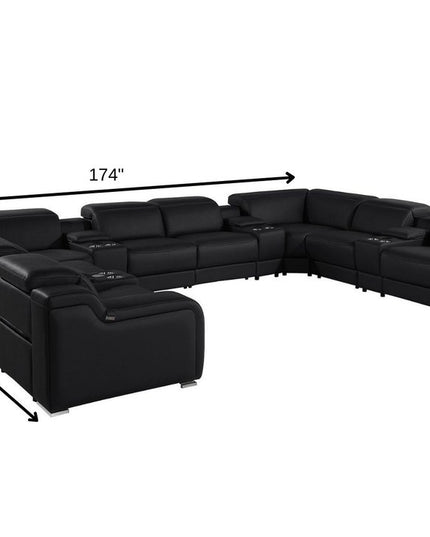 Black Italian Leather Power Reclining U Shaped Twelve Piece Corner Sectional With Console
