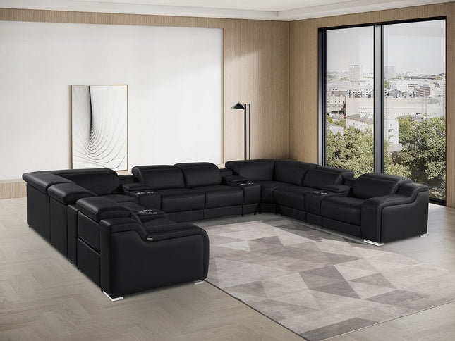Black Italian Leather Power Reclining U Shaped Twelve Piece Corner Sectional With Console