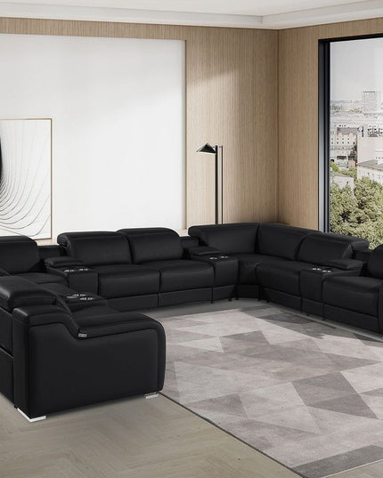 Black Italian Leather Power Reclining U Shaped Twelve Piece Corner Sectional With Console