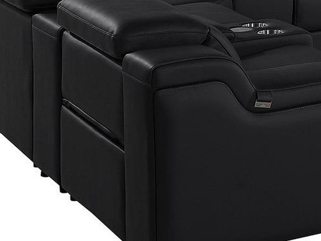 Black Italian Leather Power Reclining U Shaped Twelve Piece Corner Sectional With Console