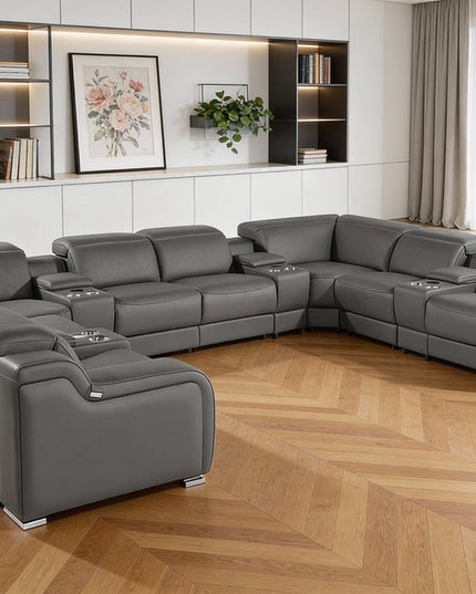 Dark Gray Italian Leather Power Reclining U Shaped Twelve Piece Corner Sectional With Console
