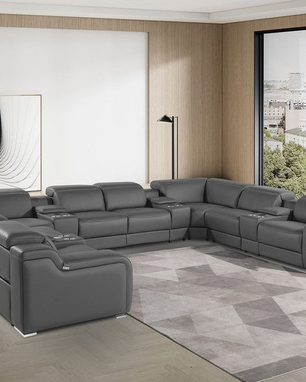 Dark Gray Italian Leather Power Reclining U Shaped Twelve Piece Corner Sectional With Console