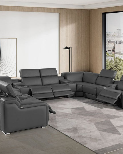 Dark Gray Italian Leather Power Reclining U Shaped Twelve Piece Corner Sectional With Console