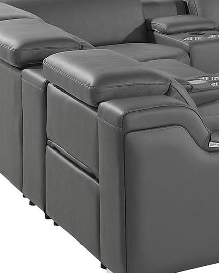 Dark Gray Italian Leather Power Reclining U Shaped Twelve Piece Corner Sectional With Console