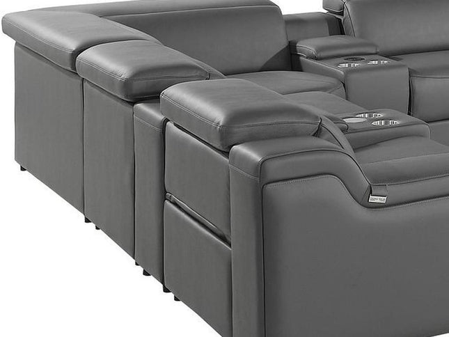 Dark Gray Italian Leather Power Reclining U Shaped Twelve Piece Corner Sectional With Console