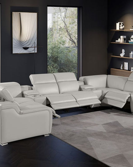 Light Gray Italian Leather Power Reclining U Shaped Eight Piece Corner Sectional With Console