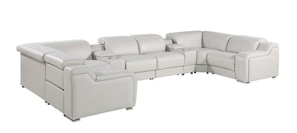 Light Gray Italian Leather Power Reclining U Shaped Eight Piece Corner Sectional With Console