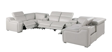 Light Gray Italian Leather Power Reclining U Shaped Eight Piece Corner Sectional With Console