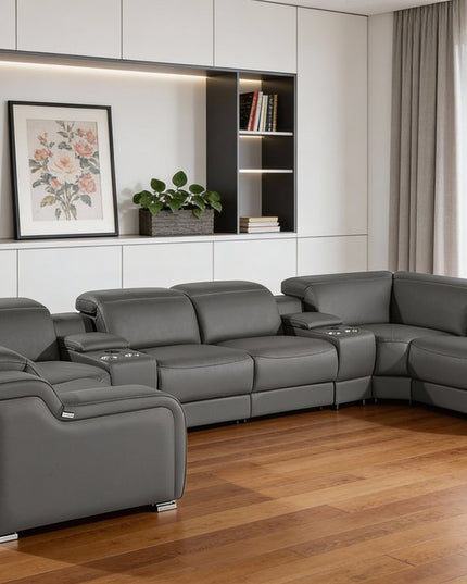 Dark Gray Italian Leather Power Reclining U Shaped Eight Piece Corner Sectional With Console
