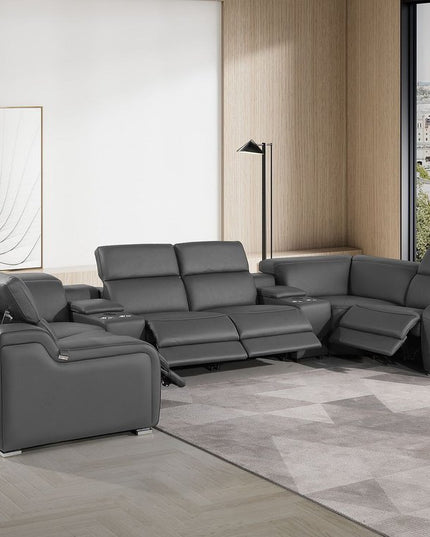 Dark Gray Italian Leather Power Reclining U Shaped Eight Piece Corner Sectional With Console