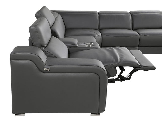 Dark Gray Italian Leather Power Reclining U Shaped Eight Piece Corner Sectional With Console