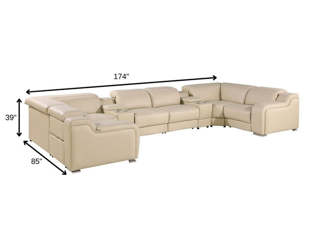 Beige Italian Leather Power Reclining U Shaped Eight Piece Corner Sectional With Console