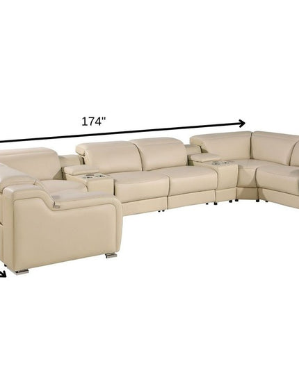 Beige Italian Leather Power Reclining U Shaped Eight Piece Corner Sectional With Console