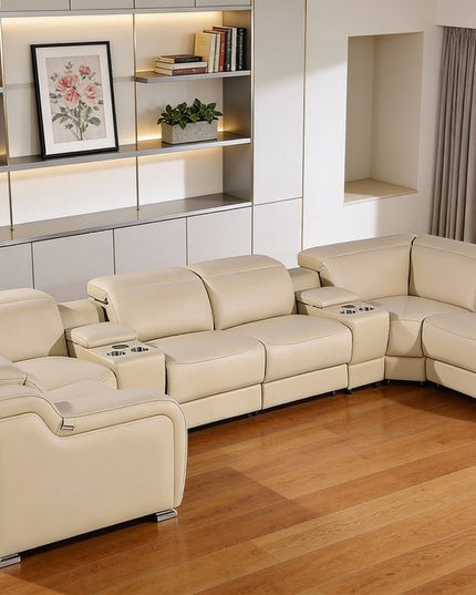 Beige Italian Leather Power Reclining U Shaped Eight Piece Corner Sectional With Console